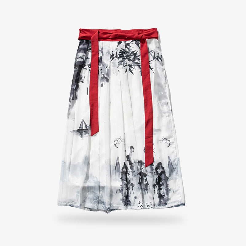 Ce hakama est une Jupe japonaise de couleur blanche qui s'attache avec une ceinture japonaise Obi de couleur rouge