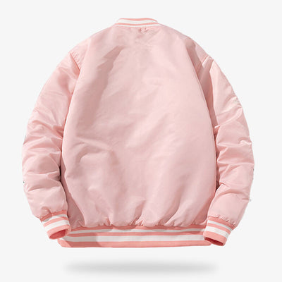 Une veste Sukajan baseball de couleur rose avec un col rayé