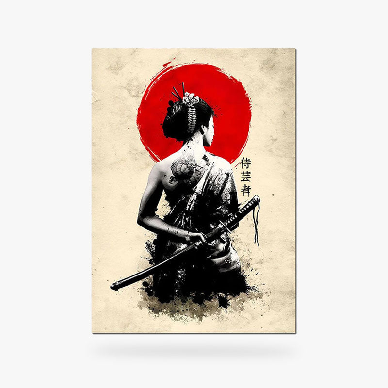 Ce tableau guerriere japonaise est une toile canvas en coton avec une femme geisha qui tient dans la main un sabre katana