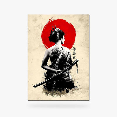 Ce tableau guerriere japonaise est une toile canvas en coton avec une femme geisha qui tient dans la main un sabre katana