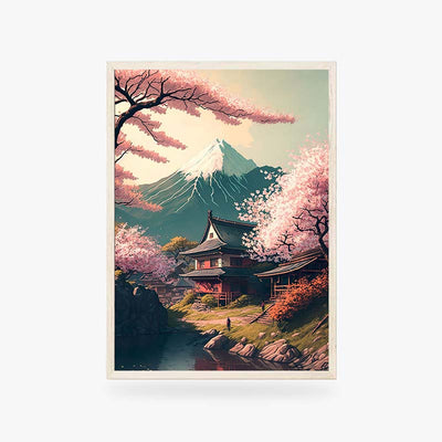Ce tableau japonais cerisier est un objet decoration japonaise à accrocher sur un mur. La toile représente un paysage japonais avec le mont fuji et une maison traditionnelle dans la nature