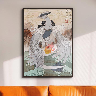 Ce tableau pokemon deco japonaise est dans un cadre noir et affiché sur un mur