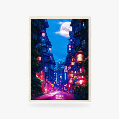 Ce tableau tokyo est un dessin de la capitale japonaise avec des couleurs bleues au clair de lune. Le tableau japonais mêlange design japonais traditionnel avec des lanternes chochin et des building avec d'un style architectural moderne