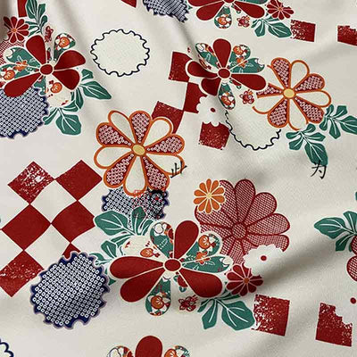 Ce tissu-kimono-robe-japonais-femme-traditionnel est de couleur blanche et rouge. Les motifs japonais traditionnels sont la fleur de cerisier sakura et les flocons de neige fukiwa