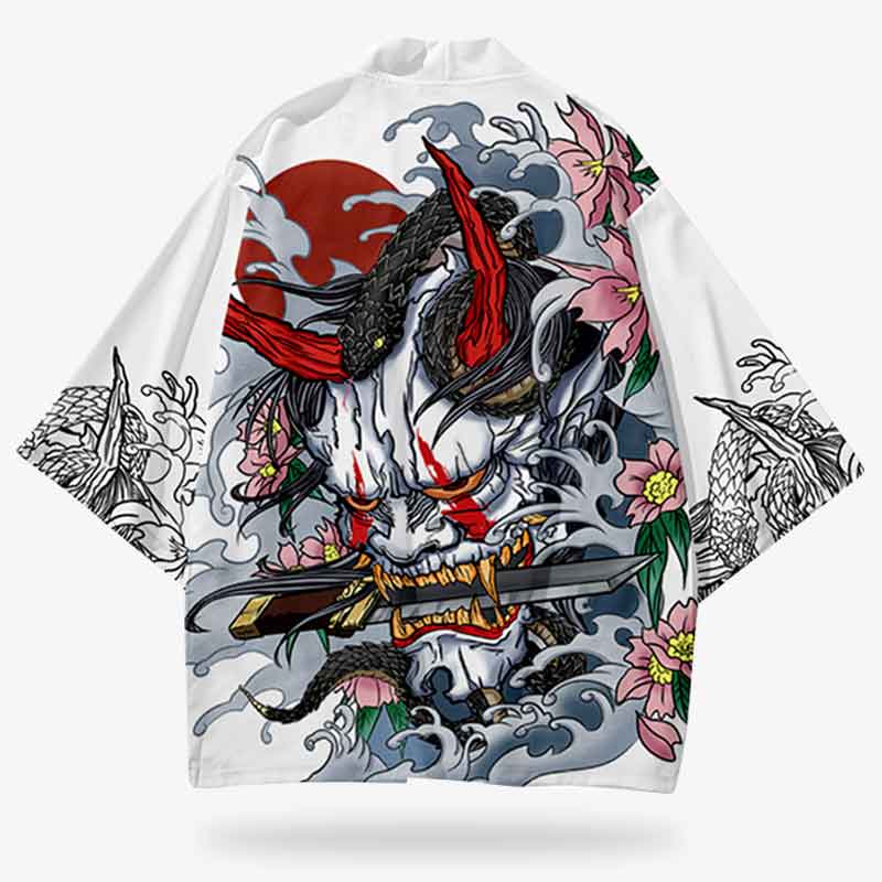 Veste haori Kimono Hannya de couleur blanche. Motif démon Oni avec un petit katana la bouche