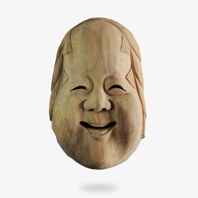 Le masque Theatre Japonais No est sculpté dans du bois. C'est un visage d'homme souriant