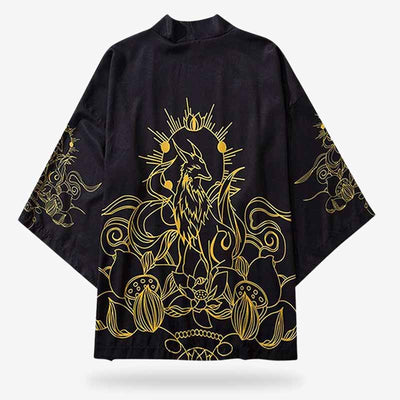 Un Kitsune kimono noir avec un design de renard japonais et des fleurs de lotus: 