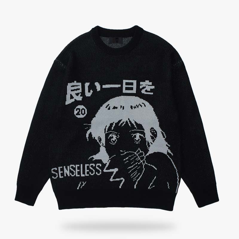 Ce pull japonais est imprimé avec un motif manga et des kanji