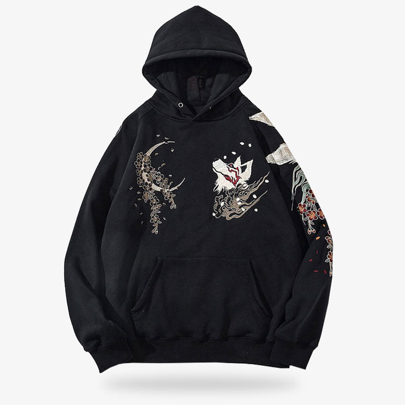 Sweat brodé japonais avec un symbole de renard kitsune et des fleurs de cerisiers Sakura